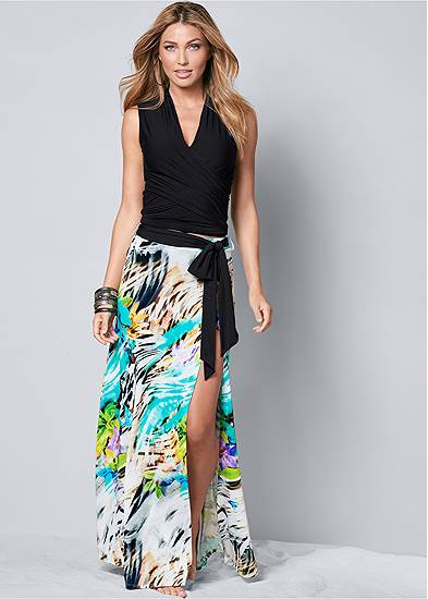 Belted Print Maxi Skirt