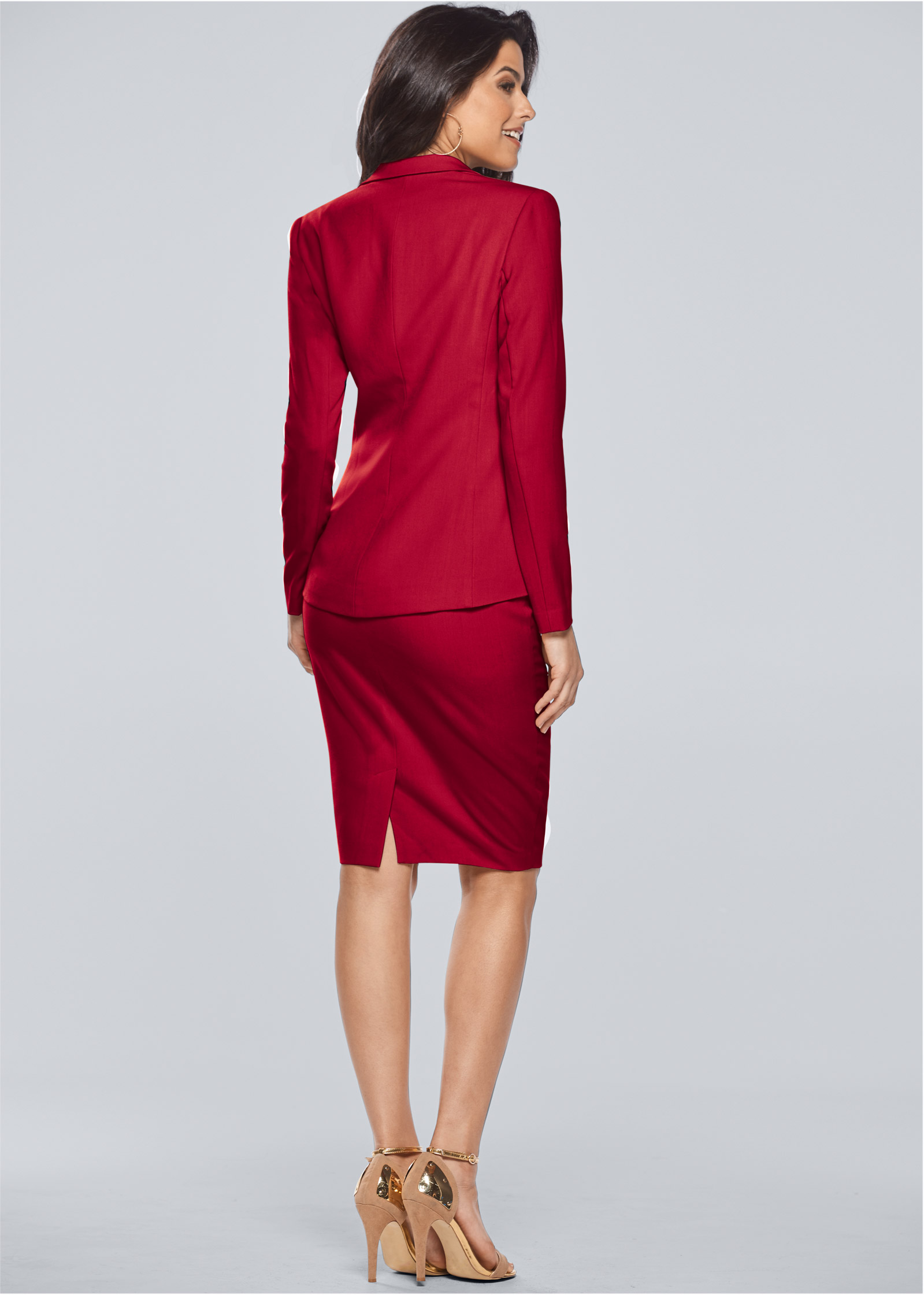 red pencil skirt suit