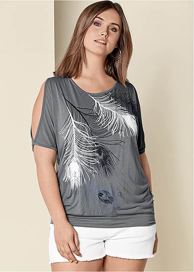 Plus Size Feather Cold-Shoulder Tee