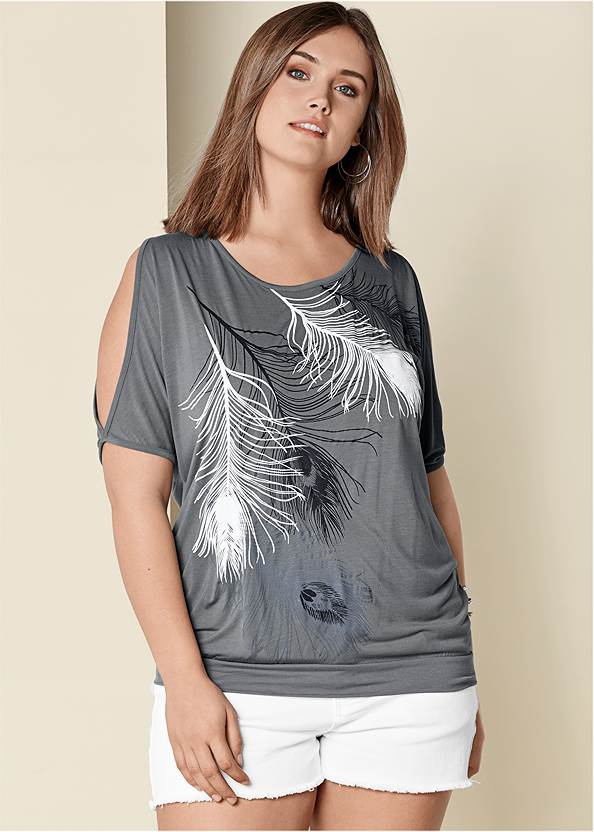 Feather Cold-Shoulder Tee,Cutoff Jean Shorts