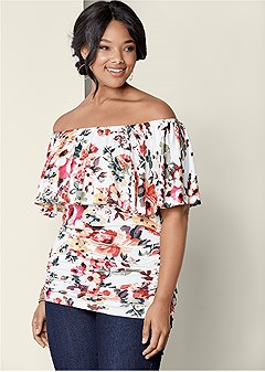 Floral Multi RUCHED OFF THE SHOULDER TOP from VENUS
