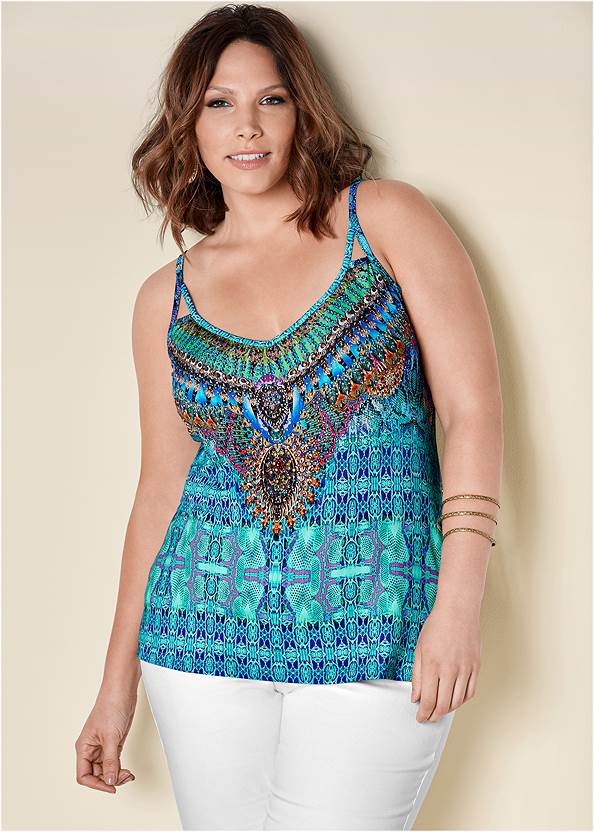 Front View Embellished Print Tank Top