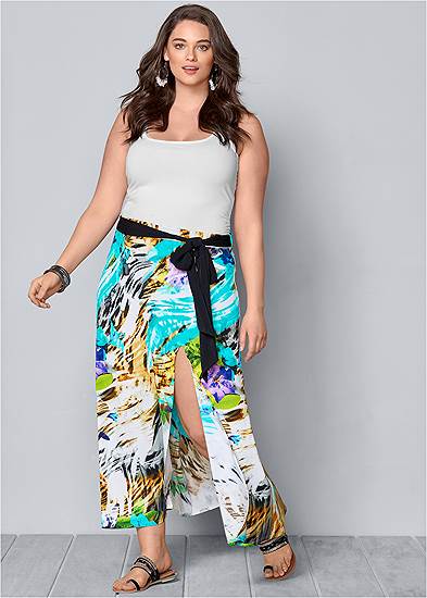 Plus Size Belted Print Maxi Skirt