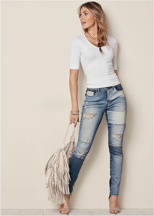 Distressed Patchwork Jeans,Long And Lean V-Neck Tee,Love Print Top,High Heel Strappy Sandals,Hoop Detail Earrings,Clutch Shoulder Bag Combo
