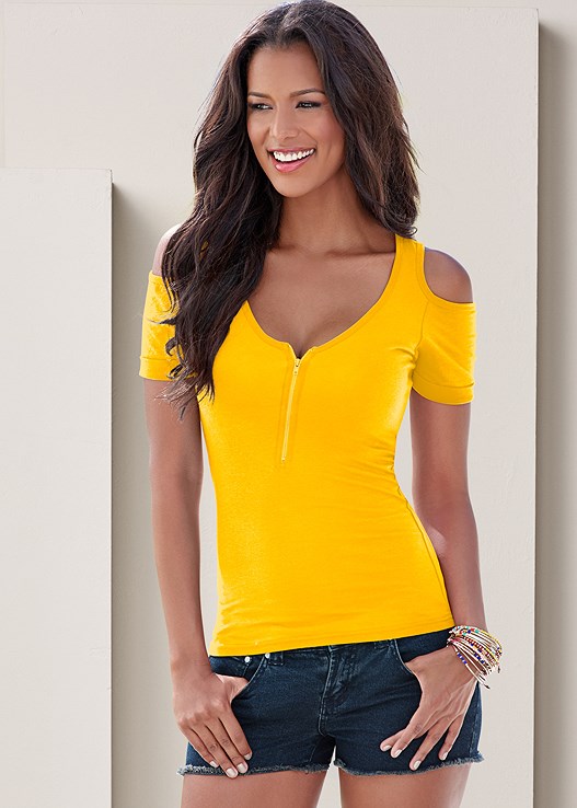 Cold Shoulder Zipper Top in Yellow | VENUS