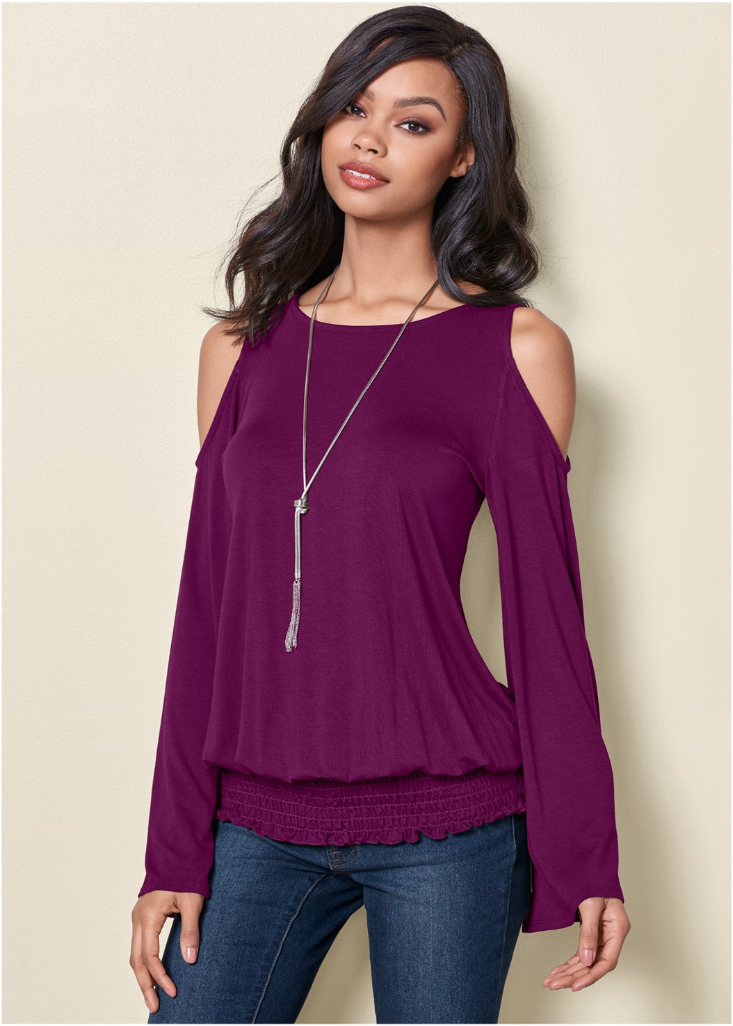 Cold Shoulder Blouson Top in Dark Purple | VENUS