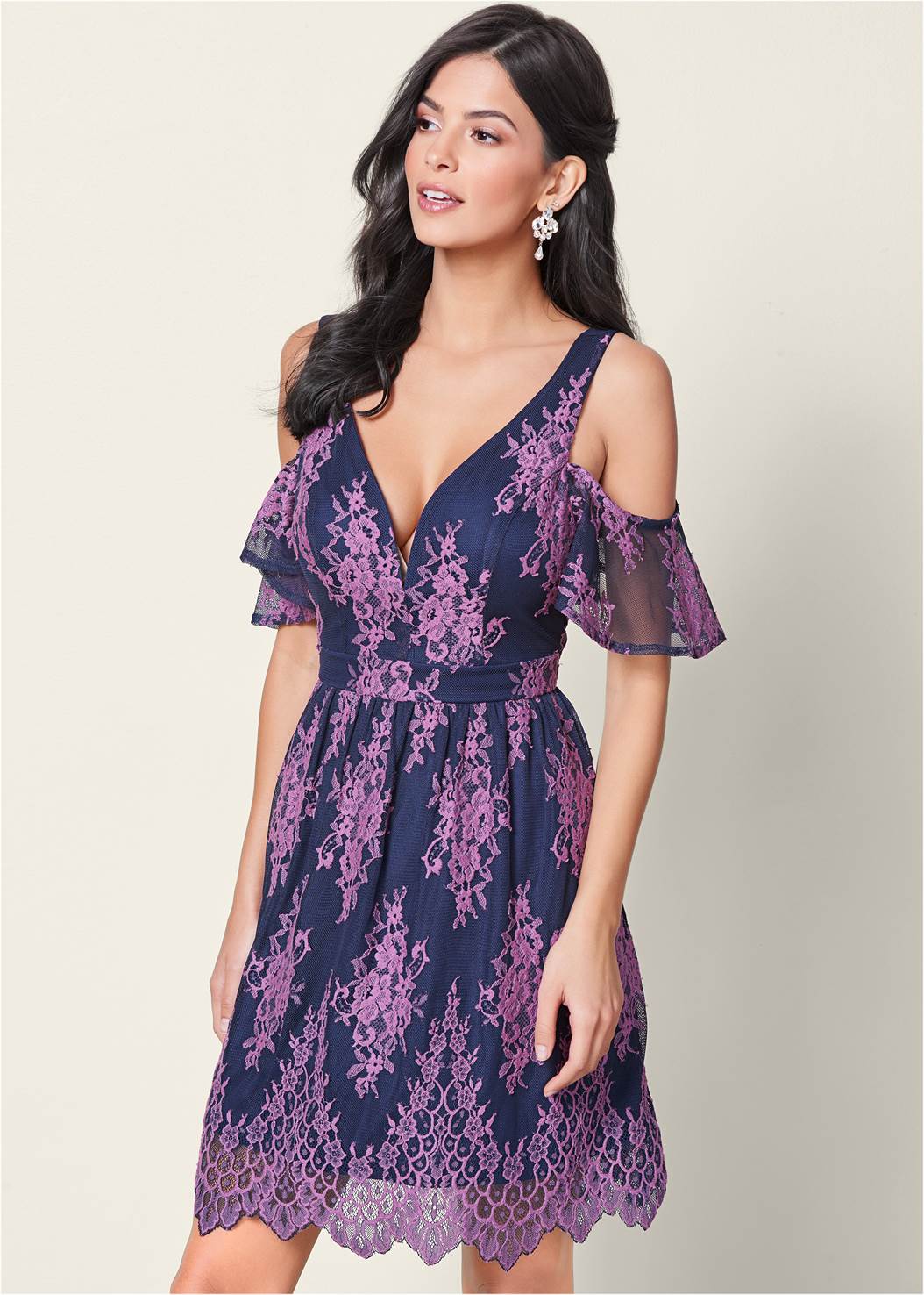 Cold Shoulder Lace Dress In Navy And Purple Venus 