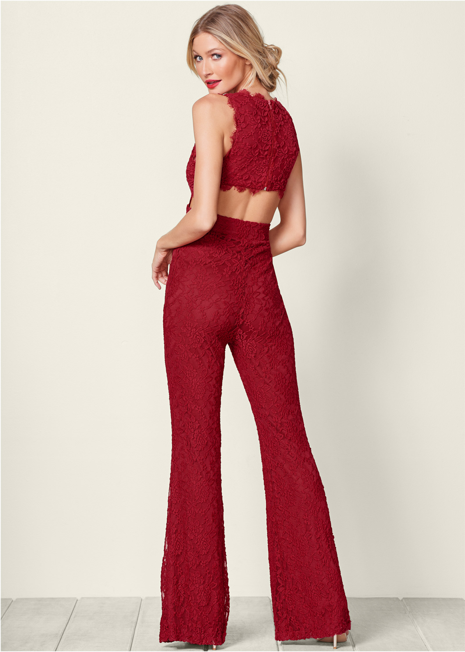 Open Back Lace Jumpsuit In Red | VENUS