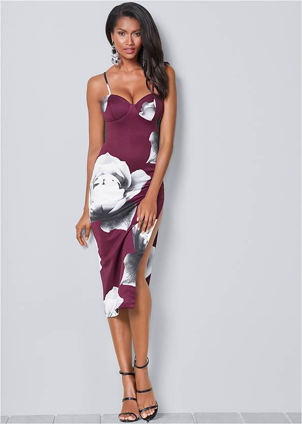 High Slit Bodycon Dress in Wine Multi | VENUS