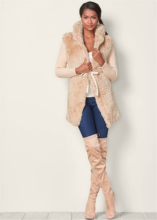 Faux Fur Ribbed Cardigan,Mid-Rise Slimming Stretch Jeggings
