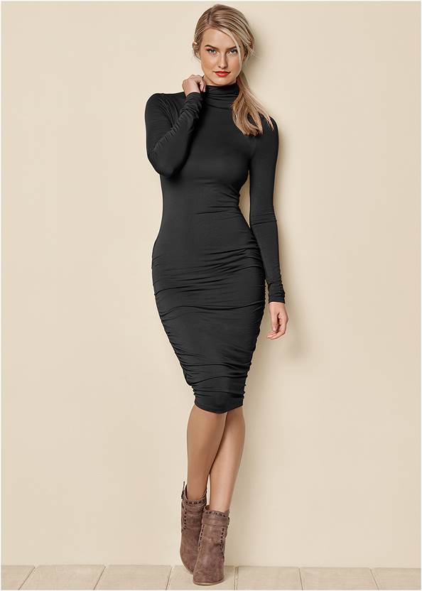 Long Sleeve Ruched Dress,Wrap Stitch Detail Booties