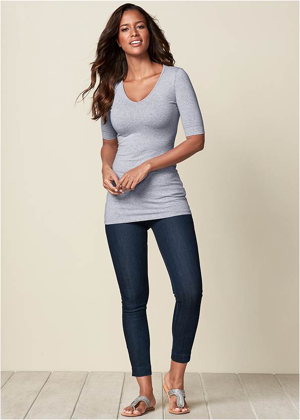 Mid-Rise Slimming Stretch Jeggings,Long And Lean V-Neck Tee,Soft Button-Down Blouse,Shape Embrace Bodysuit,Laura Pumps,Quilted Shiny Leather Bag
