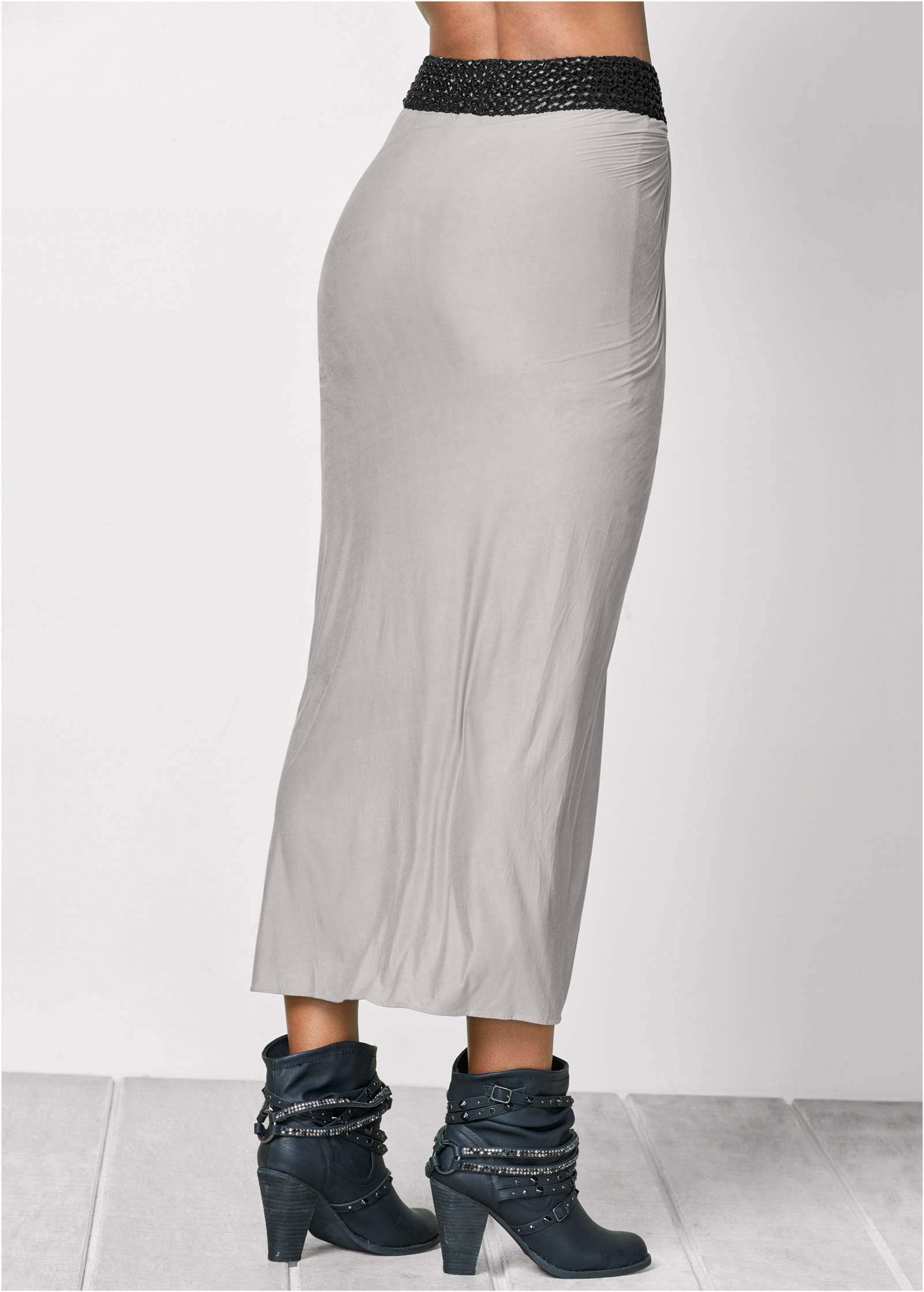Faux-Leather Waistband Detail Maxi Skirt in Grey | VENUS