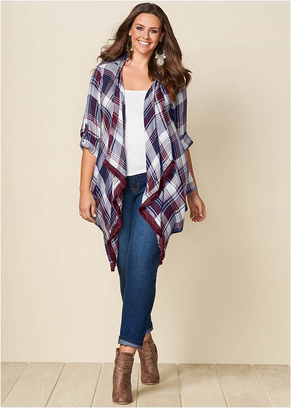 Plaid And Fringe Cardigan,Basic Cami Two Pack,Heidi Skinny Jeans,Halle Bootcut Jeans,Wrap Stitch Detail Booties,Peep Toe Booties,Boho Chandelier Earrings,Clutch Shoulder Bag Combo