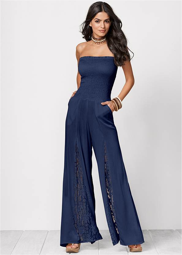 Navy SLEEVELESS SMOCKED JUMPSUIT WITH LACE DETAIL from VENUS