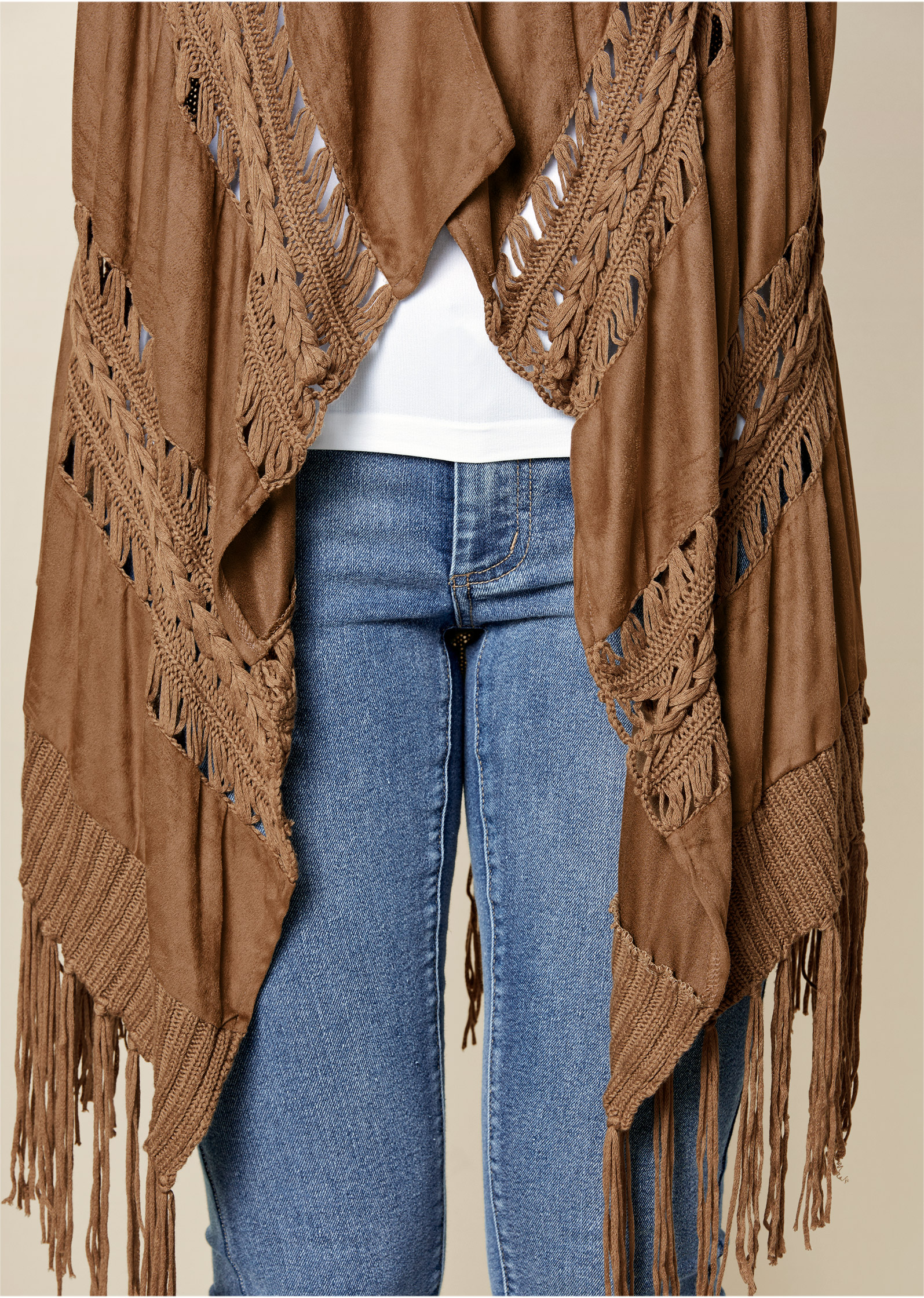 Faux-Suede Fringe Cardigan in Raw Umber | VENUS