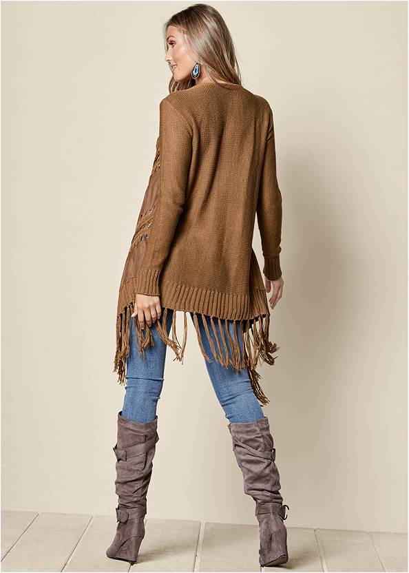 Back View Faux-Suede Fringe Cardigan