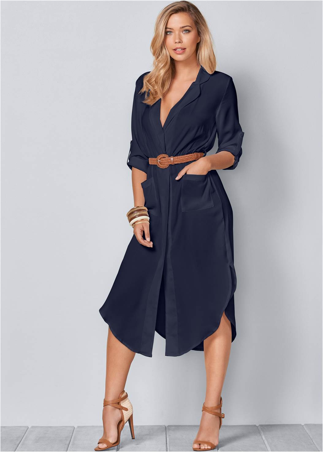 Belted Midi Shirt Dress - Navy | VENUS