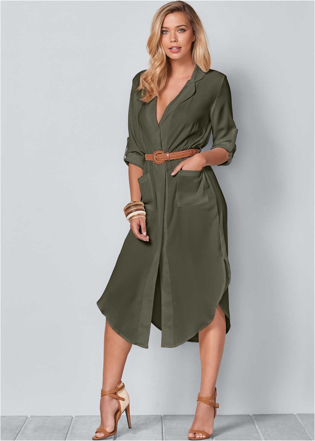 venus belted midi shirt dress