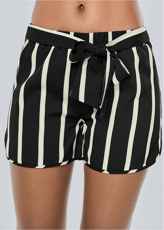 Black & White Belted Stripe Shorts | VENUS