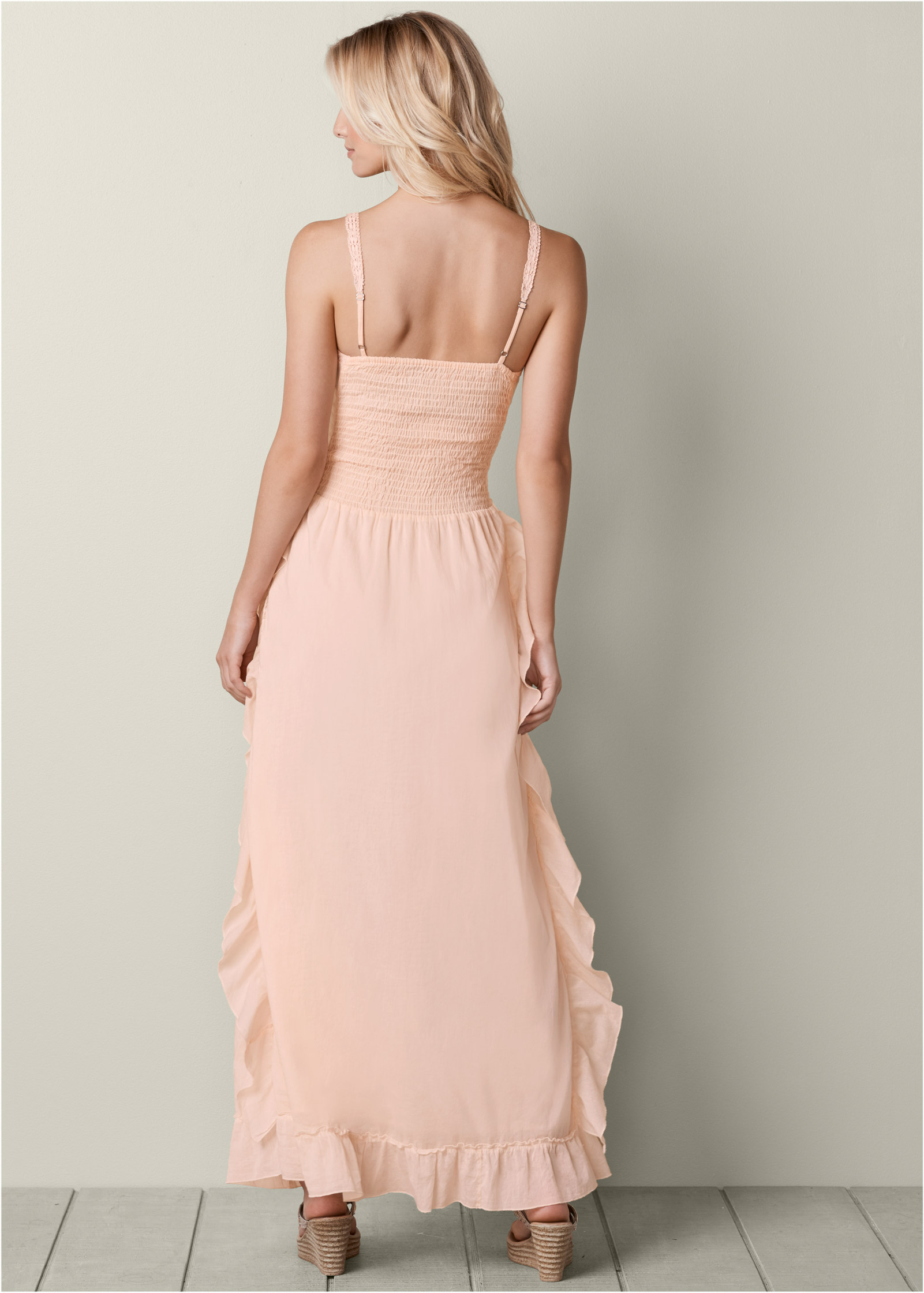 venus lace up ruffle maxi dress