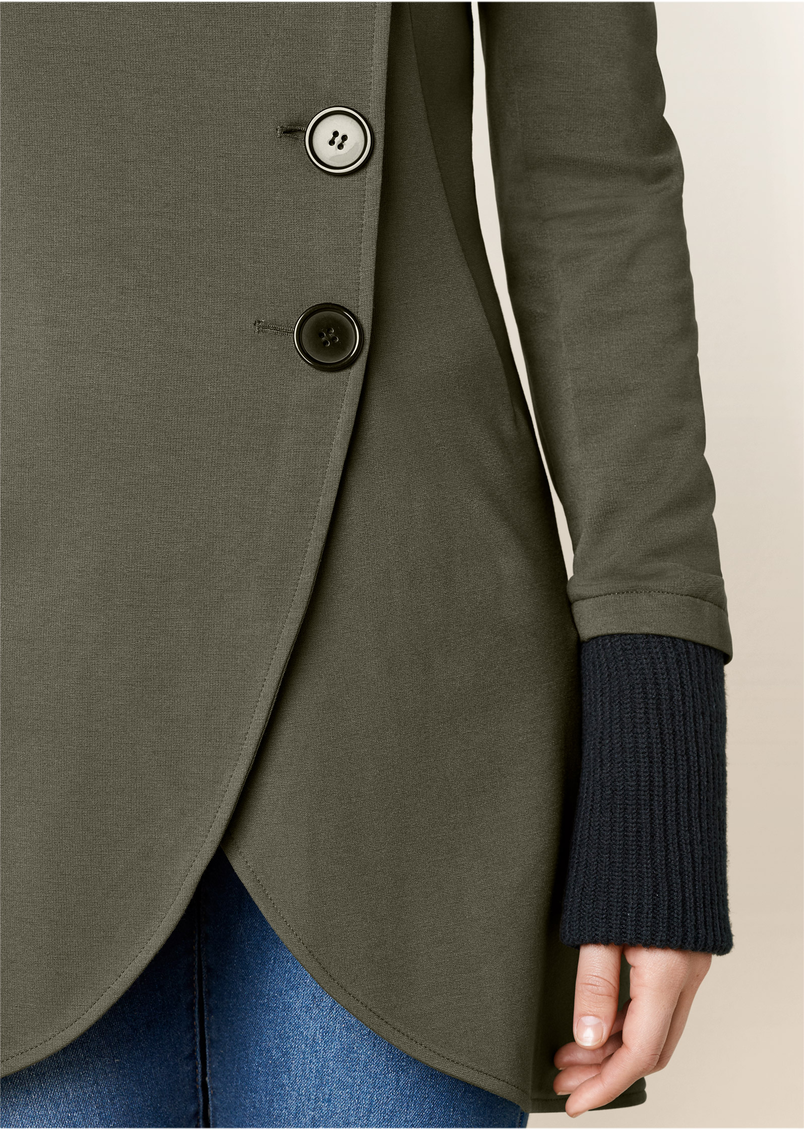 Knit Asymmetrical Button-Front Jacket in Olive | VENUS