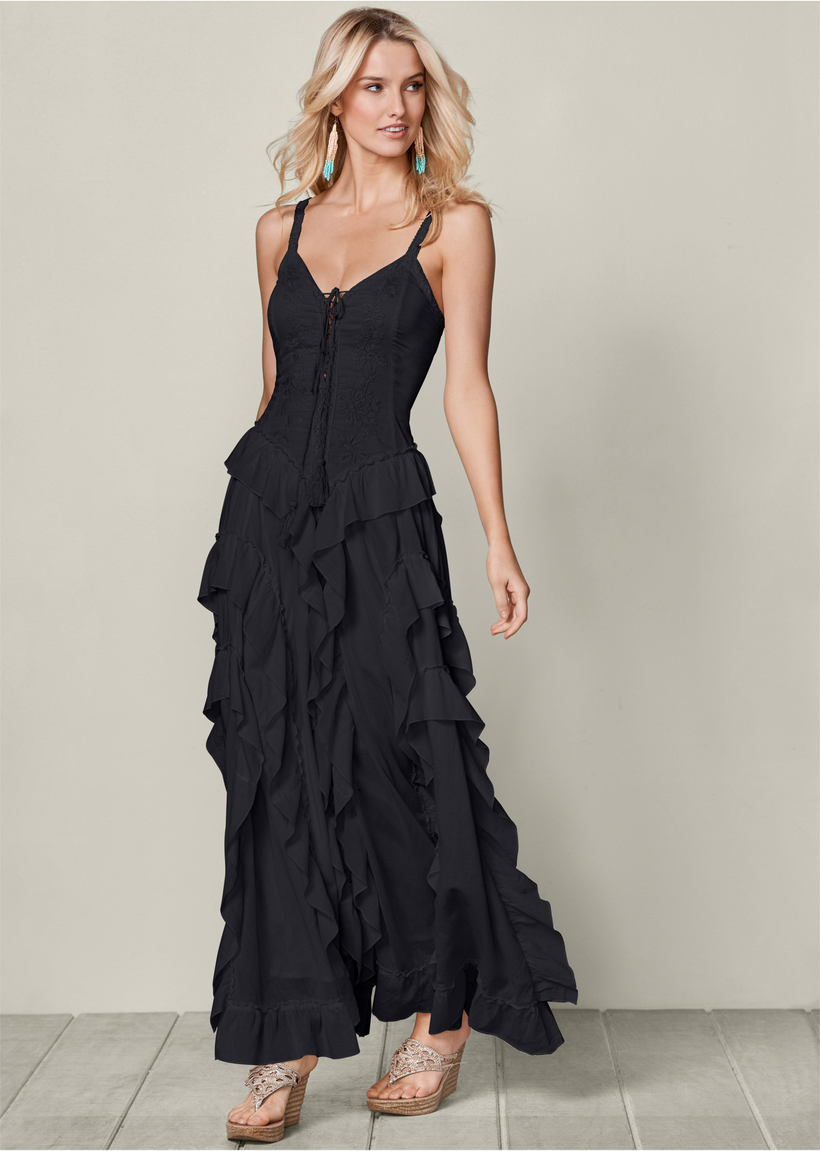 venus lace up ruffle maxi dress