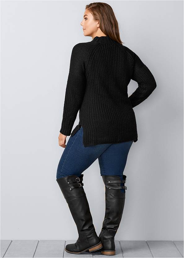 Back View Mock-Neck Ribbed Sweater