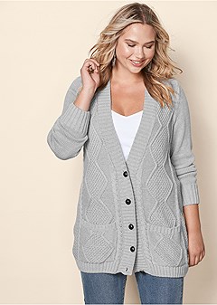 Button-Front Knit Cardigan in Light Grey | VENUS