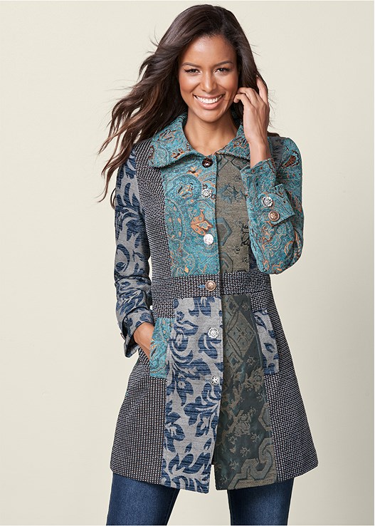 Mixed Print Coat In Multi Venus