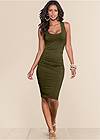 Full Front View Sleeveless Ruched Bodycon Midi Dress