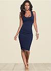 Full Front View Sleeveless Ruched Bodycon Midi Dress