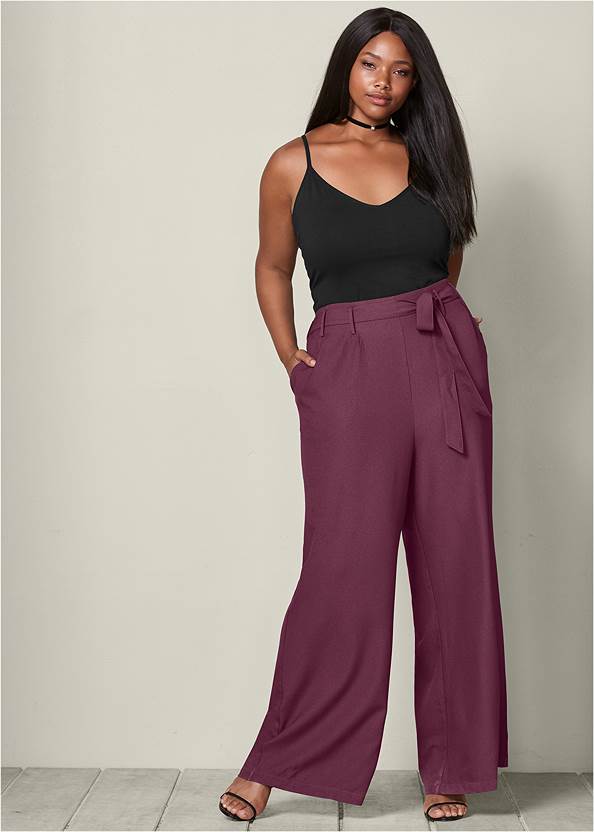 Front View Belted Wide Leg Pants