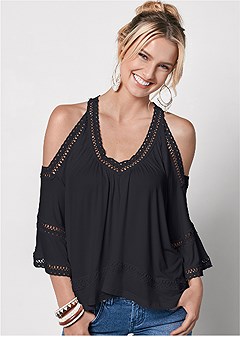 Cold-Shoulder Lace Trim Top in Black | VENUS