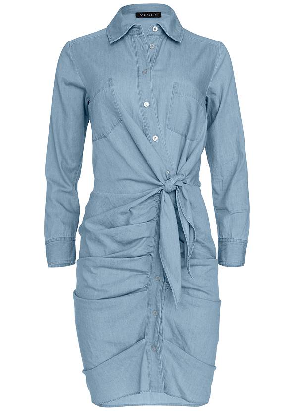 Ruched Detail Button Down Tie Waist Shirt Dress in Light Wash | VENUS