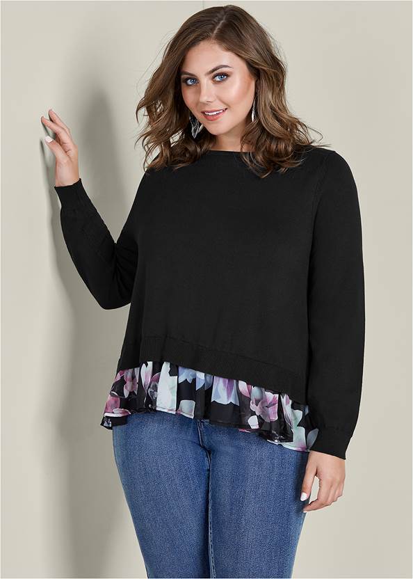 Plus Size Floral Print Twofer Sweater in Black Multi | VENUS