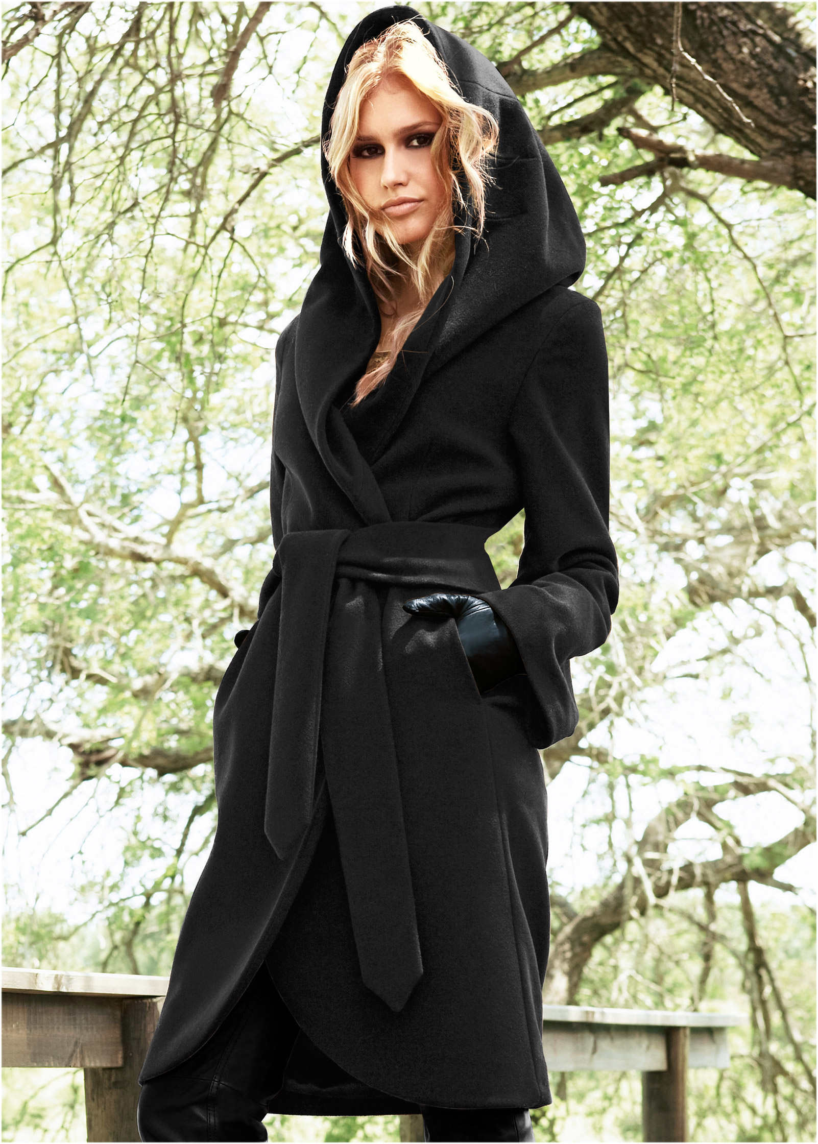 black hooded wrap coat