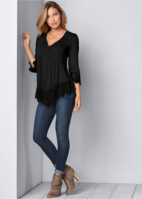 Full Front View Lace Detail Button-Up Top