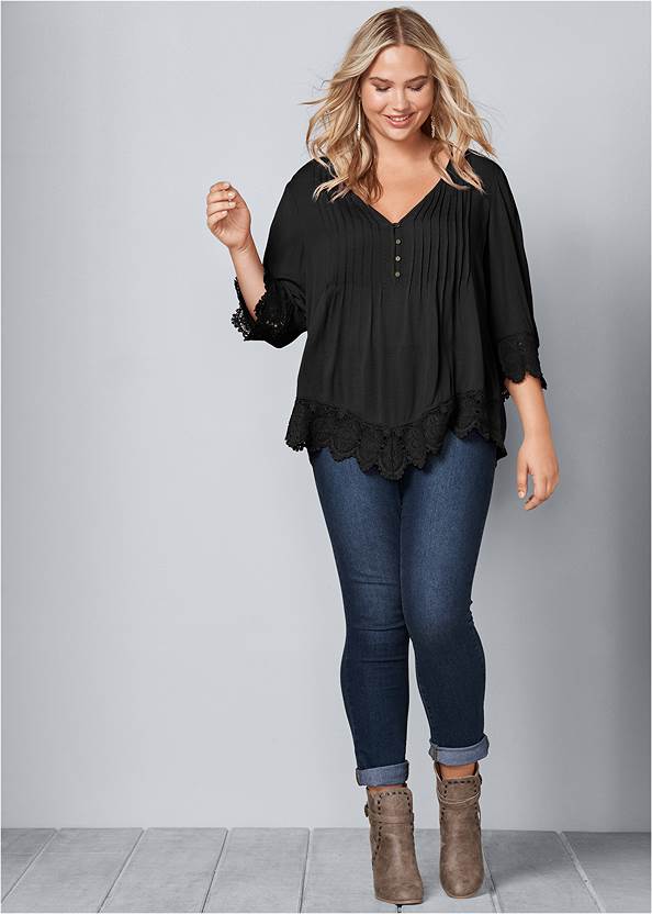 Front View Lace Detail Button-Up Top