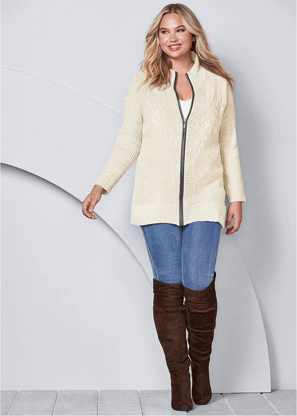Front View Faux-Leather Trim Cardigan