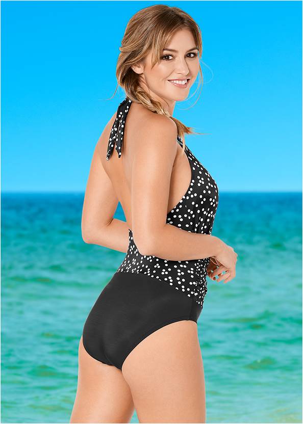 Back view Wrap Front Halter One-Piece