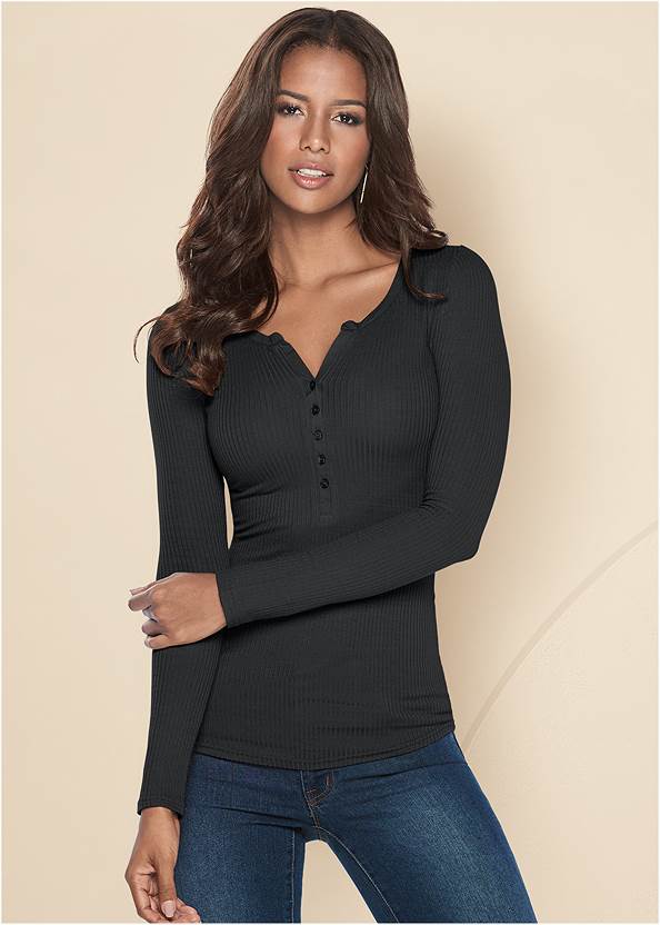 Ribbed Henley Top,Slim Jeans,Mid-Rise Slimming Stretch Jeggings