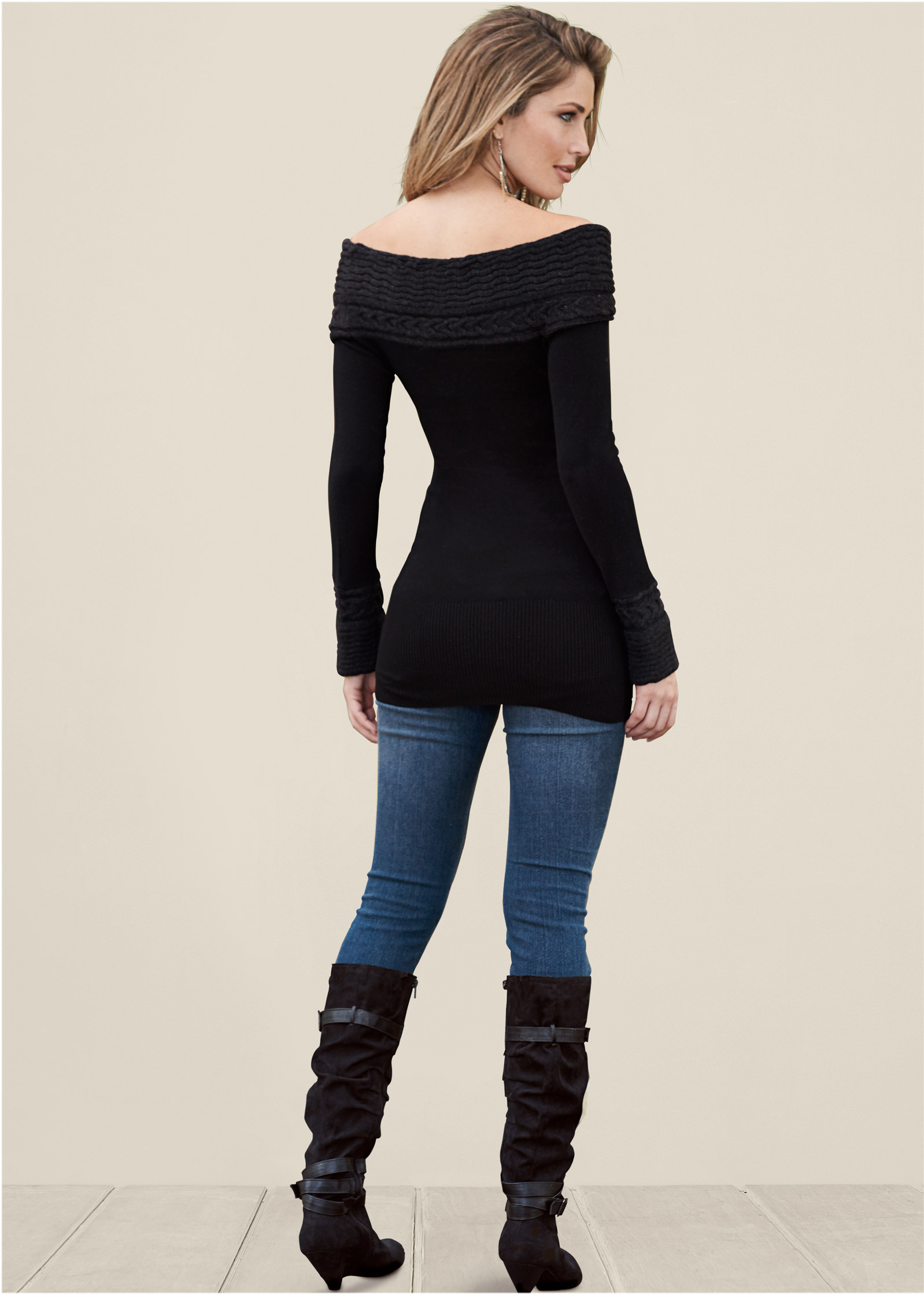 CABLE DETAIL TUNIC SWEATER in Black | VENUS