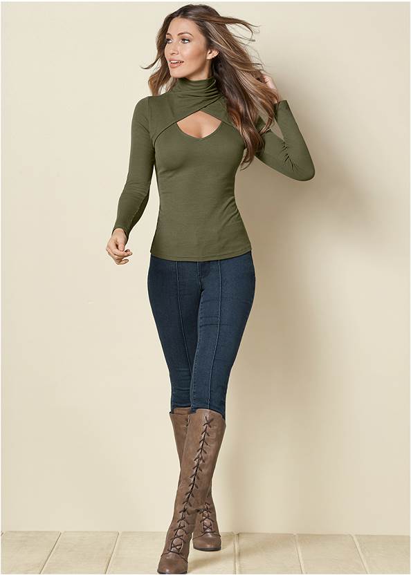 Full Front View Cutout Mock-Neck Top
