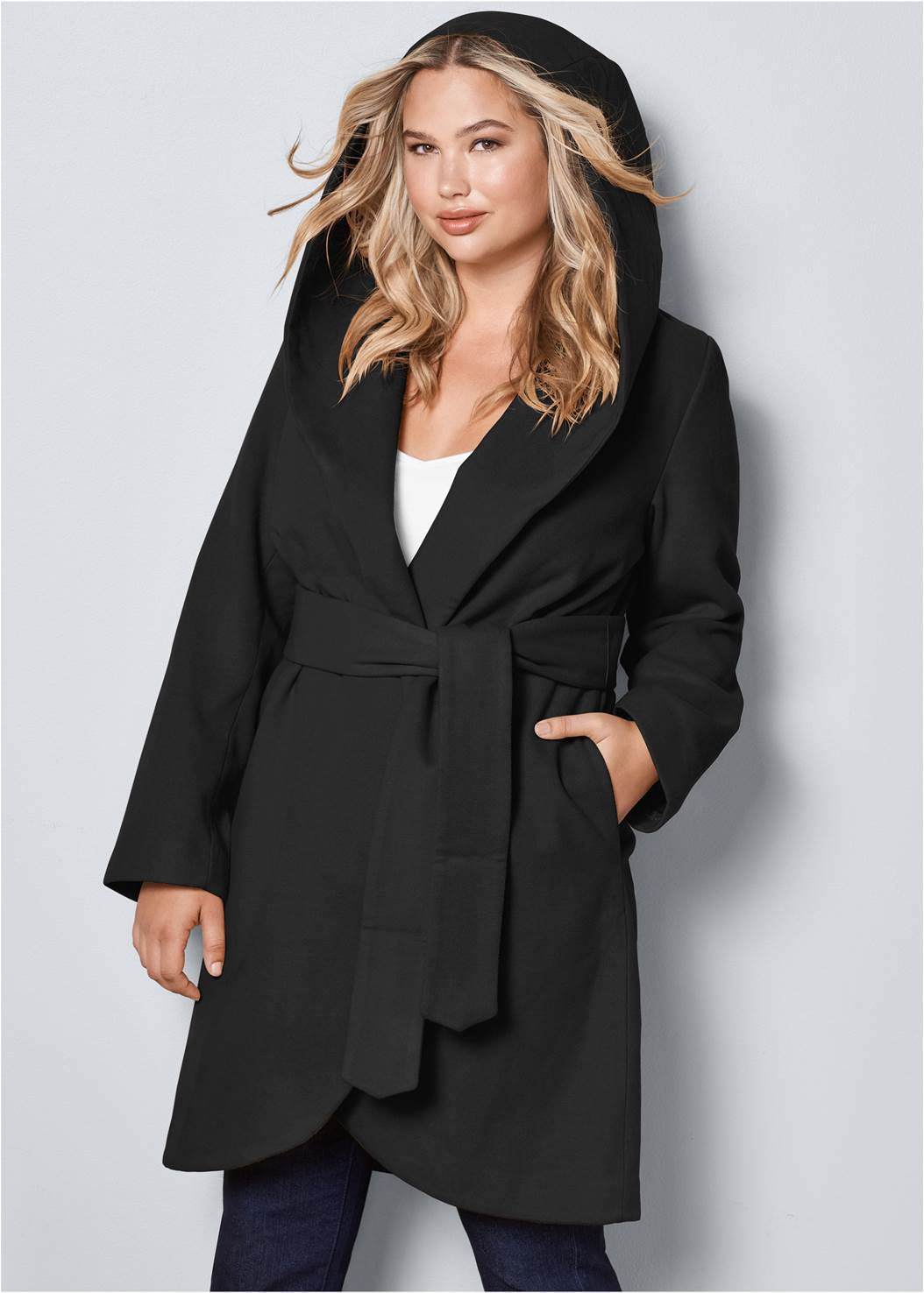 Hooded Wrap Coat in Black | VENUS