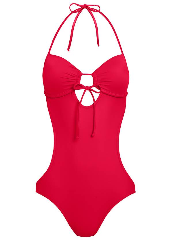Sweetheart Tie Front Halter Monokini Swimsuit in Red Hot | VENUS