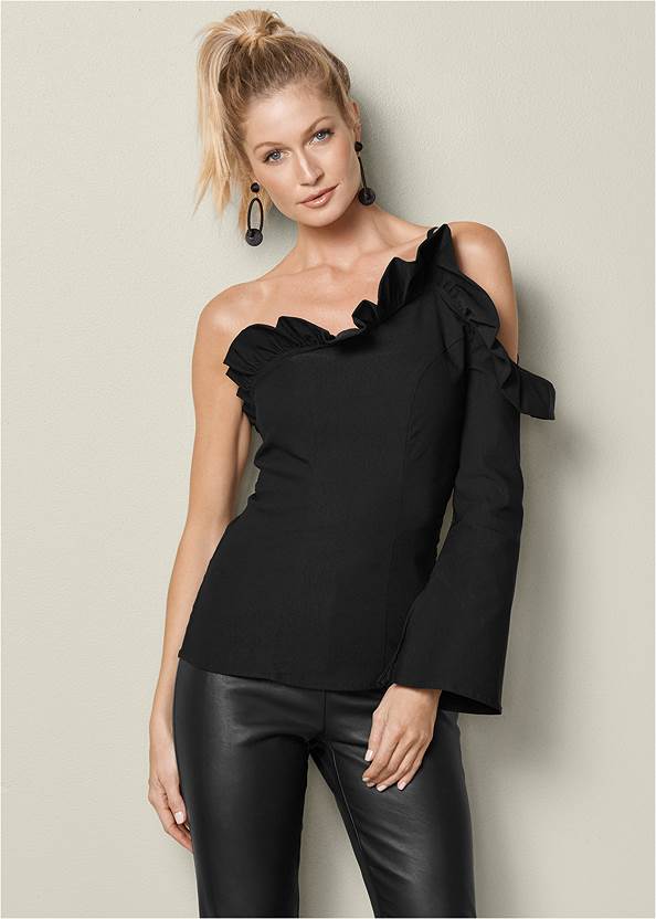 Front View Cold Shoulder Ruffle Top