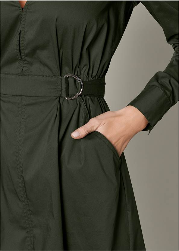Deep V Belted Dress in Kombu Green | VENUS