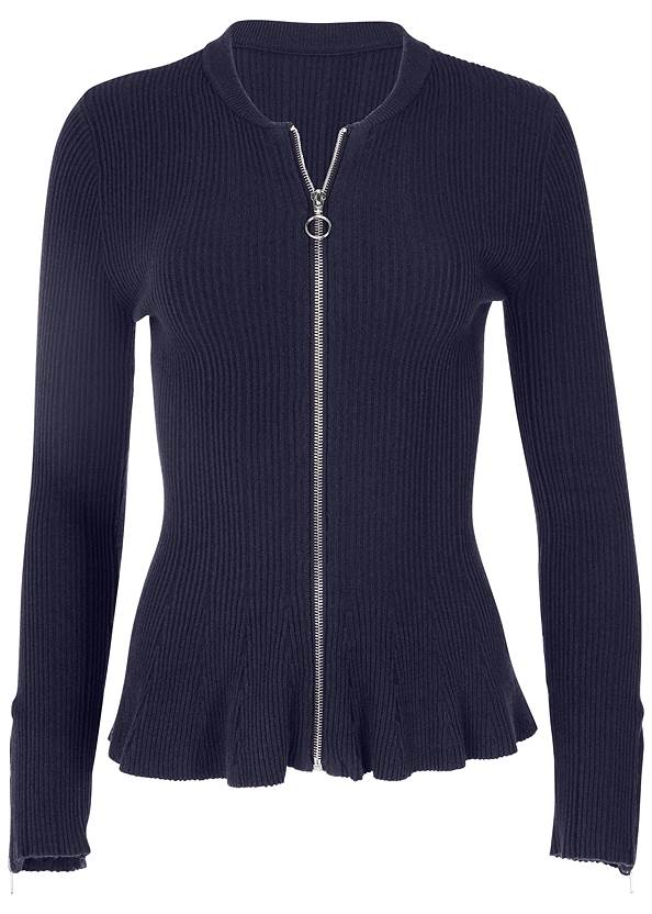 Plus Size Zipper Front Peplum Sweater in Black | VENUS