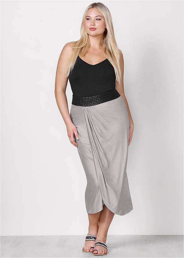 Faux-Leather Waistband Detail Maxi Skirt,Basic Cami Two Pack,Lace Inset V-Neck Top
